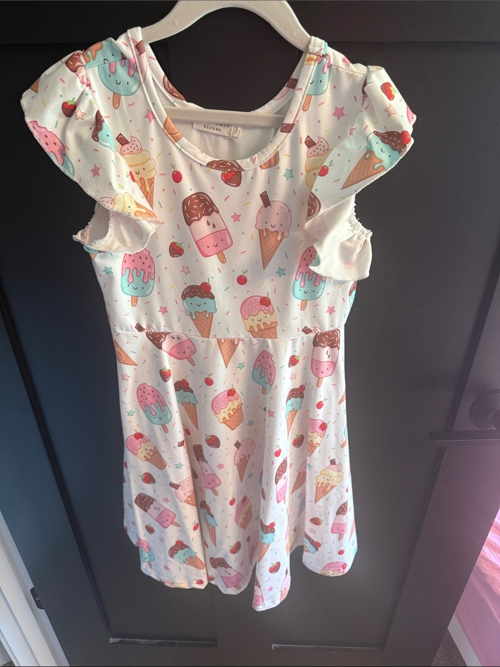 Kids Ice Cream Print Dress - White with Pink & Mint